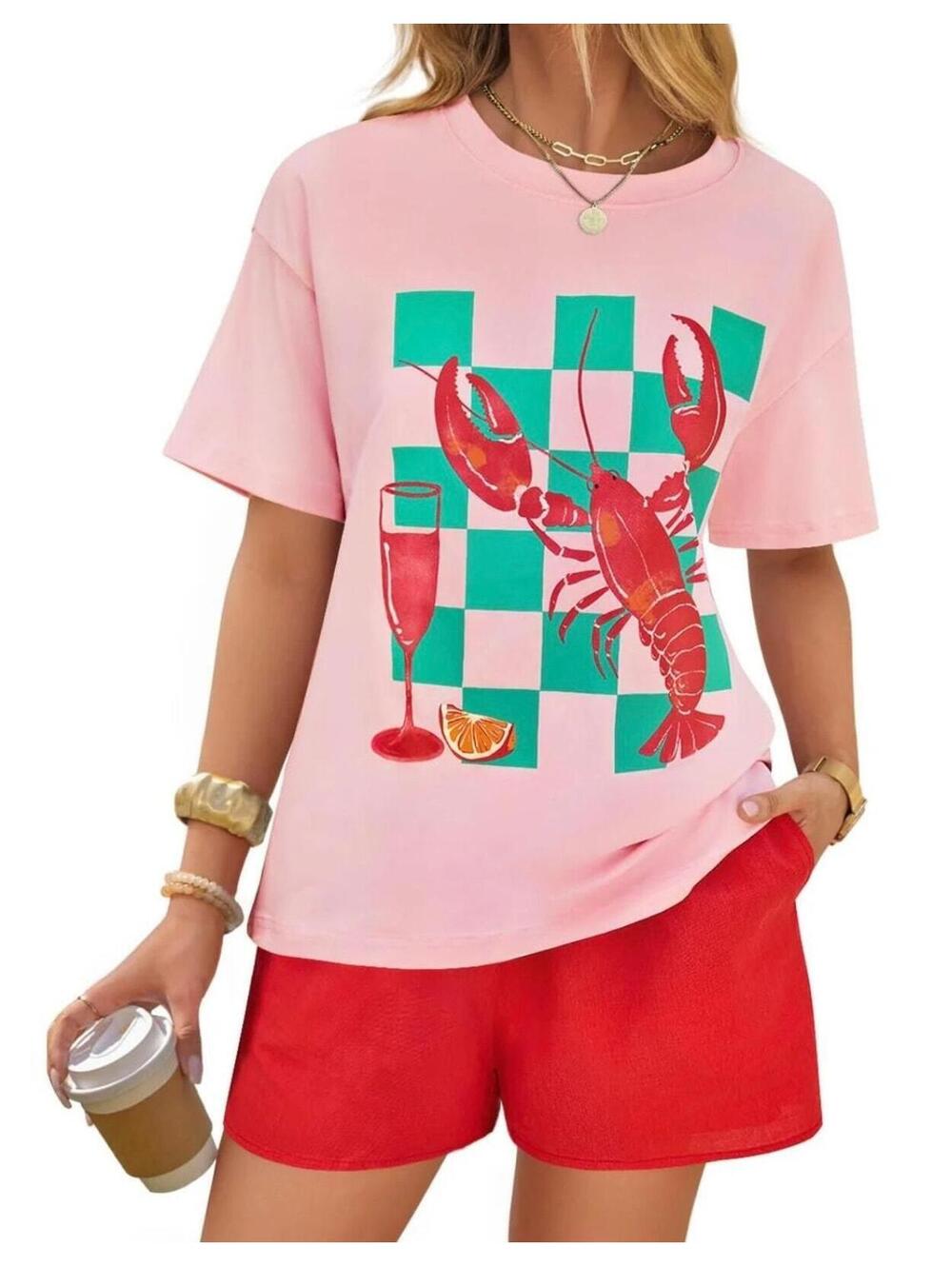1179 NWOT Zesica Viscose Lobster Print Set Medium T-Shirt w Shorts A0001179